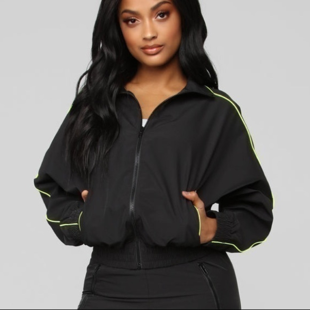 Fashion Nova Crop You Better Werk Windbreaker Track Jacket Black Neon Size Small